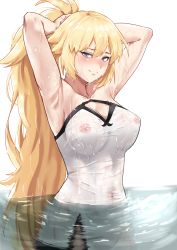 Rule 34 | 1girl, absurdres, armpits, blonde hair, breasts, collarbone, covered erect nipples, covered navel, fate/grand order, fate (series), highres, jeanne d&#039;arc (fate), jeanne d&#039;arc (ruler) (fate), large breasts, long hair, partially submerged, ponytail, purple eyes, sebakanken, see-through, smile, solo, very long hair, wet, wet clothes