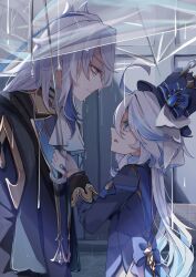 Rule 34 | 1boy, 1girl, ahoge, blue jacket, furina (genshin impact), genshin impact, gloves, hat, highres, holding, holding umbrella, jacket, long hair, neuvillette (genshin impact), rain, top hat, umbrella, white gloves, yoshino mugiko