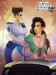 Rule 34 | +++, 2girls, alternate costume, arrest, asymmetrical hair, bent over, bikini tan, black hair, brand name imitation, breasts, capcom, car, choker, chun-li, cleavage, cloud, cornrows, crop top, curvy, cutoffs, double bun, eye contact, glasses, grand theft auto, grand theft auto v, green shirt, hair bun, highres, jclf88, large breasts, laura matsuda, leaning forward, long hair, looking at another, medium breasts, midriff, motor vehicle, multiple girls, open mouth, outdoors, palm tree, parody, police, police car, police uniform, policewoman, red choker, revealing clothes, rockstar, shirt, short hair, short shorts, shorts, sky, standing, street fighter, street fighter v, style parody, sunglasses removed, tan, tanline, teeth, thighs, thong, tree, uniform, whale tail (clothing), yellow eyes