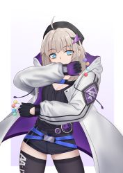 Rule 34 | 1girl, aa-12 (girls&#039; frontline), absurdres, ahoge, baggy clothes, bags under eyes, belt, between fingers, black hat, black shorts, black sweater, black thighhighs, blue eyes, breasts, buckle, candy, choker, cleavage, clothes writing, coat, covered mouth, cowboy shot, food, girls&#039; frontline, gloves, goldred, hair ornament, hat, highres, holding, holding food, hood, hood down, hooded coat, lollipop, long hair, looking at viewer, medium breasts, micro shorts, open clothes, open coat, ribbed sweater, short shorts, shorts, sidelocks, silver hair, simple background, snap-fit buckle, solo, star (symbol), star hair ornament, strap, sweater, thighhighs, white background
