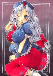 Rule 34 | 1girl, bad id, bad pixiv id, blue eyes, blush, breasts, drugs, female focus, large breasts, one eye closed, pill, shie, shie (m417), silver hair, solo, touhou, traditional media, wink, yagokoro eirin