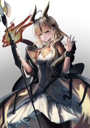 Rule 34 | 1girl, absurdres, arknights, black pantyhose, blonde hair, blue eyes, breasts, brown shirt, closed mouth, commentary request, dragon girl, dragon horns, dragon tail, dress, flame-tipped tail, gradient background, grey background, hands up, highres, holding, holding polearm, holding weapon, horns, kurosabi neko, long hair, medium breasts, pantyhose, polearm, reed (arknights), shirt, short sleeves, sleeveless, sleeveless dress, smile, solo, spear, tail, weapon, white background, white dress