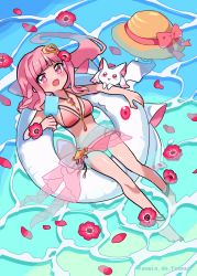 Rule 34 | ankleband, bikini, black ankleband, black wristband, blunt bangs, blush, braid, dot nose, floating hat, flower, flower on liquid, food, full body, hair flower, hair intakes, hair ornament, halterneck, hat, heart, heart hair ornament, highres, innertube, jewelry, kyubey, long hair, looking at viewer, low-tied long hair, lying, magia record: mahou shoujo madoka magica gaiden, mahou shoujo madoka magica, multi-strapped bikini bottom, multi-strapped bikini top, necklace, objectification, on back, open mouth, partially submerged, petals, petals on liquid, pink bikini, pink eyes, pink flower, pink gemstone, pink hair, pink sarong, popsicle, side-tie bikini bottom, side braids, sidelocks, small kyubey, straw hat, string bikini, swim ring, swimsuit, takenoko mgrc, tamaki iroha, tamaki iroha (swimsuit ver.), twitter username, unworn hat, unworn headwear, water, wristband