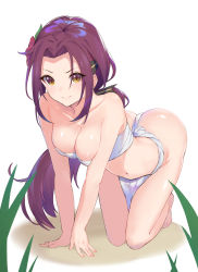 Rule 34 | 1girl, barefoot, bikini, blush, breasts, flower, fundoshi, hair ornament, highres, japanese clothes, large breasts, long hair, princess connect!, purple hair, ruka (princess connect!), shimon (31426784), simple background, solo, split mouth, strapless, swimsuit, tube top, yellow eyes
