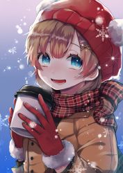 Rule 34 | 1girl, absurdres, beanie, blue eyes, brown hair, commentary request, cup, disposable cup, fur trim, gloves, hair ornament, hat, highres, holding, hot chocolate, jacket, long hair, looking at viewer, open mouth, original, plaid, plaid scarf, scarf, smile, snow, snowflakes, solo, steam, upper body, winter clothes, x hair ornament, yamigirikuroko
