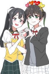 Rule 34 | 2girls, black hair, black jacket, collared shirt, copyright name, gradient hair, green eyes, green hair, green skirt, grey eyes, grey vest, hair between eyes, heart, heart hands, heart hands duo, highres, jacket, l! l! l! (love the life we live), long sleeves, looking at viewer, love live!, love live! nijigasaki high school idol club, majime na gakuinsei, multicolored hair, multiple girls, neck ribbon, nijigasaki academy school uniform, official alternate hairstyle, open clothes, open jacket, open mouth, plaid, plaid skirt, pleated skirt, ponytail, puffy short sleeves, puffy sleeves, red ribbon, ribbon, school uniform, shirt, short sleeves, sidelocks, skirt, smile, standing, takasaki yu, twintails, upper body, vest, white background, white shirt, white skirt, winter uniform, yellow shirt, yuki setsuna (love live!)