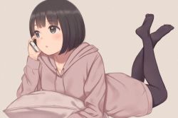 Rule 34 | 1girl, black eyes, black hair, black pantyhose, blunt bangs, blush, bob cut, cellphone, commentary request, crossed ankles, drawr, feet up, full body, grey background, holding, holding phone, hood, hood down, hoodie, kyak bamboo, long sleeves, looking away, looking to the side, lying, mochizuki chihiro, oekaki, on stomach, open mouth, original, pantyhose, phone, pillow, short hair, simple background, smartphone, solo, talking on phone, tareme
