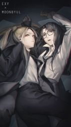 Rule 34 | 2girls, absurdres, akechi (826988799), animification, black eyes, black gloves, black hair, black jacket, black pants, blazer, blonde hair, character name, chinese commentary, collared shirt, crossover, exy (wjsn), formal, glasses, gloves, grey pants, hair behind ear, highres, jacket, k-pop, mamamoo, moonbyul (mamamoo), multiple girls, open mouth, orange eyes, pants, parted bangs, ponytail, real life, shirt, shirt tucked in, suit, white shirt, wjsn