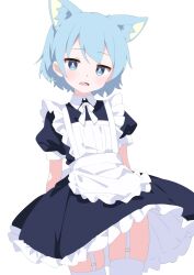 Rule 34 | 1boy, animal ears, apron, black dress, blue eyes, blue hair, bowtie, bright pupils, cat ears, collared dress, dress, fang, frilled dress, frills, garter straps, looking at viewer, maid apron, male focus, misskey.io, murakami-san (misskey.io), open mouth, puffy short sleeves, puffy sleeves, short hair, short sleeves, simple background, solo, tamano umika, thighhighs, thighs, trap, webp-to-png conversion, white apron, white background, white bow, white bowtie, white pupils, white thighhighs