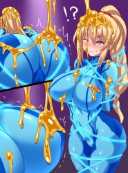 Rule 34 | 1girl, ?, ass, blonde hair, blue eyes, blush, bodysuit, breasts, cameltoe, cleft of venus, closed mouth, covered erect nipples, curvy, female focus, highres, honey, huge ass, konno tohiro, large breasts, long hair, metroid, mole, mole under mouth, multiple views, nintendo, one eye closed, ponytail, restrained, samus aran, shiny clothes, shiny skin, skin tight, trembling, zero suit