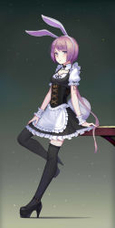 Rule 34 | 1girl, absurdres, animal ears, belt, black thighhighs, breasts, buckle, cleavage, cross-laced clothes, gradient background, high heels, highres, long hair, looking at viewer, maid, mary janes, nail polish, original, pink eyes, pink hair, platform footwear, rabbit ears, rabbit tail, shoes, solo, sonikey0 0, standing, standing on one leg, strappy heels, tail, thighhighs, wrist cuffs