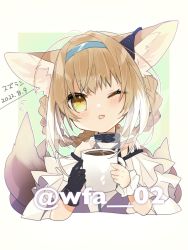 Rule 34 | 1girl, animal ear fluff, animal ears, arknights, bare shoulders, blue hairband, blush, bow, braid, braided hair rings, brown hair, closed mouth, commentary request, cropped torso, cup, dated, flying sweatdrops, fox ears, fox girl, fox tail, green bow, hair rings, hairband, hands up, head tilt, holding, holding cup, itsuki 02, mug, multicolored hair, sidelocks, signature, solo, steam, suzuran (arknights), tail, tongue, tongue out, twin braids, twitter username, two-tone background, two-tone hair, upper body, white background, white hair, yellow eyes