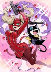 Rule 34 | 1boy, 1girl, animal ears, blazemalefica, blue eyes, boots, breasts, cat ears, cat mask, cat tail, cleavage, explosion, fang, highres, jumping, looking at viewer, mask, morgana (persona 5), open mouth, persona, persona 5, petals, red footwear, rose petals, scarf, slit pupils, smile, tail, takamaki anne, thigh boots, thighhighs, twintails, zipper, zipper pull tab