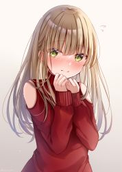 Rule 34 | 1girl, bare shoulders, blush, brown background, brown hair, closed mouth, clothing cutout, commentary request, flying sweatdrops, hands up, long hair, long sleeves, looking at viewer, nose blush, original, red sweater, sakura hiyori, shoulder cutout, sleeves past wrists, solo, sweater, upper body