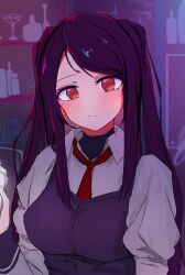 Rule 34 | 1girl, bar (place), bartender, black vest, blush, cocktail shaker, collared shirt, holding, jill stingray, long hair, long sleeves, looking at viewer, necktie, purple hair, red eyes, red necktie, shimenawa (osaisennbako), shirt, solo, twintails, va-11 hall-a, vest, white shirt
