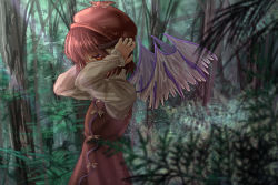 Rule 34 | 1girl, bird wings, blunt bangs, blurry, brown dress, commentary request, covered mouth, covering own ears, day, depth of field, dress, feathered wings, forest, from side, hat, high collar, light particles, light rays, long sleeves, looking at viewer, mystia lorelei, nature, orange eyes, outdoors, pinafore dress, pink hair, shirt, shirt under dress, short hair, shounen (hogehoge), sideways glance, sleeveless dress, solo, sunbeam, sunlight, touhou, upper body, white shirt, wings
