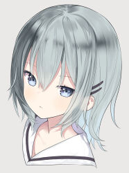 Rule 34 | 1girl, blue eyes, blush, capriccio, closed mouth, commentary request, grey background, grey hair, hair between eyes, hair ornament, hairclip, looking at viewer, original, portrait, sailor collar, simple background, solo, white sailor collar