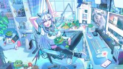 Rule 34 | absurdres, ahoge, ahri (league of legends), book, breasts, camera, can, candy, computer, crossed legs, demon girl, demon horns, demon tail, demon wings, desk, food, hair between eyes, hat, heart, highres, horns, indie virtual youtuber, indoors, ironmouse, k/da (league of legends), k/da ahri, computer keyboard, league of legends, lollipop, long hair, looking at viewer, macom m, mcdonald&#039;s, medium breasts, microphone, microphone stand, miniskirt, monitor, computer mouse, nintendo switch, nyatasha nyanners, pepe the frog, phone, pointy ears, short sleeves, silvervale, sitting, skirt, tail, thighhighs, tongue, tongue out, twitch.tv, twitter, vei (vtuber), vei (vtuber) (11th costume), virtual youtuber, vshojo, white hair, window, wings