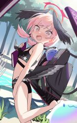 Rule 34 | 1girl, absurdres, bag, barefoot, bikini, black bikini, black bow, black wings, blue archive, blush, bow, breasts, commentary, feathered wings, floral print, foot up, front-tie bikini top, front-tie top, hair bow, halo, head wings, highres, jiki (gkdlfnzo1245), koharu (blue archive), koharu (swimsuit) (blue archive), long hair, low twintails, low wings, official alternate costume, open mouth, outdoors, pink eyes, pink hair, pink halo, print bikini, shoulder bag, small breasts, solo, swimsuit, symbol-only commentary, tears, toes, twintails, wings