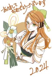 Rule 34 | 1girl, 2024, bow, closed mouth, dated, etie (fire emblem), fire emblem, fire emblem engage, flower, green bow, green eyes, highres, japanese clothes, long hair, nintendo, orange flower, orange hair, orange wristband, solo, swept bangs, translation request, white flower, window fe