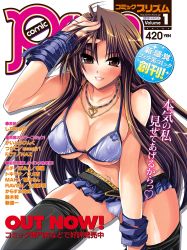 Rule 34 | 1girl, adjusting hair, bikini, bikini top only, blush, breasts, brown eyes, brown hair, cleavage, comic prism, cover, cover page, heart, highres, jewelry, large breasts, long hair, looking at viewer, magazine cover, necklace, panties, shinano yura, skirt, smile, solo, swimsuit, thighhighs, underwear