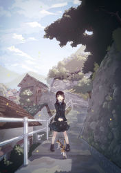 Rule 34 | 1girl, bag, black hair, bow, bowtie, building, cat, cloud, day, full body, highres, kagawa yuusaku, looking at viewer, low twintails, open mouth, original, outdoors, path, railing, road, school bag, school uniform, skirt, sky, solo, stairs, standing, tree, twintails