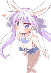 Rule 34 | 1girl, animal ears, bare shoulders, blue bow, blue bowtie, blue eyes, blush, bow, bowtie, breasts, cleavage, closed mouth, commentary request, detached collar, fake animal ears, hair ribbon, heart, hiiragi kagami, knees together feet apart, leotard, long hair, looking at viewer, lucky star, pantyhose, playboy bunny, purple hair, rabbit ears, ribbon, simple background, sketch, solo, standing, tatsunokosso, tsurime, twintails, white background, wrist cuffs