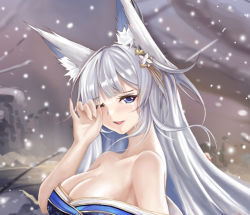 Rule 34 | 1girl, animal ear fluff, animal ears, artist request, azur lane, bare shoulders, blue eyes, blue kimono, breasts, cleavage, crying, fox ears, hair ornament, japanese clothes, kimono, large breasts, long hair, looking at viewer, off shoulder, one eye closed, shinano (azur lane), silver hair, snowing, solo, upper body