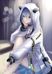 Rule 34 | 1girl, animal ears, animal hood, blue hair, commentary request, fake animal ears, feet out of frame, frilled skirt, frills, hair between eyes, hand up, highres, hololive, hood, hood up, hooded jacket, hoshimachi suisei, hoshimachi suisei (school uniform), jacket, knees up, long sleeves, natsuki (natukituki), open clothes, open jacket, parted lips, puffy long sleeves, puffy sleeves, purple eyes, sailor collar, shirt, sitting, skirt, sleeves past wrists, solo, virtual youtuber, white jacket, white sailor collar, white shirt, white skirt
