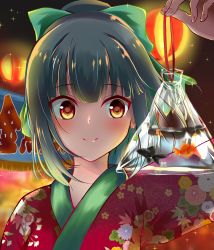 Rule 34 | 10s, 1girl, amagami (makise tsubaki), arm up, bad id, bad pixiv id, bag, banner, blunt bangs, blush, bow, close-up, closed mouth, earrings, festival, fingernails, fish, flower, goldfish, green bow, green hair, hair bow, highres, holding, holding bag, japanese clothes, jewelry, kantai collection, kimono, lampion, lantern, light, pink lips, ponytail, red eyes, red kimono, smile, solo, sparkle, transparent, upper body, water, yukata, yuubari (kancolle)