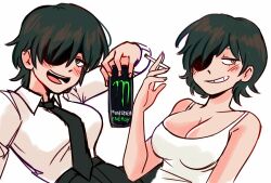 Rule 34 | 1girl, black hair, black necktie, black pants, blush, breasts, can, chainsaw man, cigarette, cleavage, collared shirt, eyepatch, green eyes, himeno (chainsaw man), holding, holding cigarette, large breasts, looking at viewer, looking away, monster energy, necktie, open mouth, osulan, pants, shirt, shirt tucked in, short hair, simple background, smile, tank top, white background, white shirt, white tank top