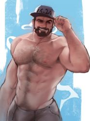 Rule 34 | 1boy, alternate costume, bara, baseball cap, beard, blue background, brown pants, cigar, collarbone, dopey (dopq), facial hair, graves (league of legends), hand up, hat, highres, k/da (league of legends), league of legends, male focus, muscular, muscular male, one eye closed, pants, smile, smoke, solo, topless male, white background