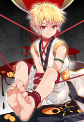 Rule 34 | 1boy, absurdres, bare legs, barefoot, blonde hair, bound, bound arms, child, child gilgamesh (fate), closed mouth, commentary, fate/grand order, fate (series), feet, gilgamesh (fate), highres, looking at viewer, male focus, red eyes, ribbon, shorts, soles, sora (zwz030)