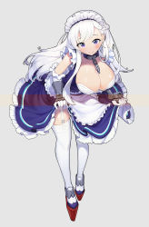 Rule 34 | 1girl, absurdres, apron, azur lane, belfast (azur lane), bent over, blue dress, blue eyes, blush, braid, breasts, chain, cleavage, clothes lift, clothes pull, collar, collarbone, commentary, detached sleeves, dress, dress lift, dress pull, french braid, frills, full body, gloves, grey background, guamon, highres, huge breasts, large breasts, long hair, looking at viewer, maid, maid headdress, sleeveless, solo, standing, thighhighs, white apron, white gloves, white hair, white thighhighs