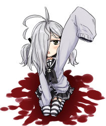 Rule 34 | 1girl, abe kanari, antenna hair, backpack, bag, black skirt, blood on ground, blouse, bow, bowtie, buttons, cardigan, garter belt, garter straps, green eyes, grey hair, grey shirt, hair ornament, hair over one eye, hairclip, hairpin, long hair, long sleeves, looking at viewer, low-tied long hair, original, school uniform, serafuku, shirt, shoes, skirt, sleeves past wrists, solo, striped clothes, striped thighhighs, thighhighs, twintails, white background