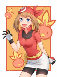 Rule 34 | 1girl, :d, alternate color, anarchojs, bandana, bike shorts, black gloves, black shorts, blue eyes, brown hair, creatures (company), fangs, female focus, game freak, gen 3 pokemon, gloves, hand up, hat, highres, holding, holding poke ball, looking at viewer, may (pokemon), nintendo, open mouth, poke ball, poke ball (basic), pokemon, pokemon (creature), pokemon adventures, pouch, red shirt, ribbon, shirt, short hair, short sleeves, shorts, simple background, smile, solo, torchic
