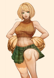 Rule 34 | 1girl, abs, absurdres, ashley graham, blonde hair, gelldraws, green eyes, hands on own hips, highres, open mouth, pom pom (cheerleading), resident evil, resident evil 4, resident evil 4 (remake), short hair, signature, skirt, solo, toned, turtleneck crop top