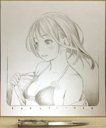 Rule 34 | 1girl, absurdres, art tools in frame, bare shoulders, bikini, border, breasts, cleavage, english text, floating hair, flower, graphite (medium), greyscale, halterneck, highres, looking away, mechanical pencil, medium hair, monochrome, murata range, off shoulder, open clothes, open shirt, original, pencil, photo (medium), shikishi, shirt, small breasts, smile, solo, swimsuit, traditional media, upper body
