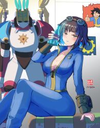 Rule 34 | 1girl, absurdres, black hair, blue bodysuit, blue hair, bodysuit, breasts, cleavage, colored inner hair, fallout (series), fallout 4, fate/grand order, fate (series), fujimaru ritsuka (male), glass bottle, goggles, goggles on head, grey eyes, highres, iron samurai, looking at viewer, medium breasts, multicolored hair, pip boy, poster (object), robot, short hair, sidelocks, sitting, sole survivor (female), tenochtitlan (fate), tenochtitlan (first ascension) (fate), thighs, vault boy, vault suit
