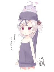 Rule 34 | &gt;:&lt;, 1girl, 2017, :&lt;, :3, ahoge, animal, animal on head, artist name, backless dress, backless outfit, blush, capriccio, cat, cat on head, chibi, closed mouth, cowboy shot, dated, dress, halterneck, heart, hibanar, jitome, kaburi chiko, looking up, meme attire, on head, open-chest sweater, original, purple eyes, ribbed sweater, side ponytail, signature, simple background, solo, sweater, sweater dress, turtleneck, turtleneck sweater, v-shaped eyebrows, virgin killer sweater, wardrobe error, white background, white hair, you&#039;re doing it wrong