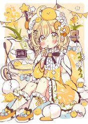 Rule 34 | 1girl, ahoge, animal, animal on head, bird, blonde hair, blush, bottle, braid, brown background, chick, commentary request, dress, egg, eggshell, frilled dress, frilled socks, frills, hair between eyes, hair ornament, hand up, highres, holding, knees up, long sleeves, on head, orange footwear, original, pennant, puffy long sleeves, puffy sleeves, sakura oriko, shoes, socks, solo, star (symbol), string of flags, two-tone background, white background, white socks, x hair ornament, yellow dress, yellow eyes