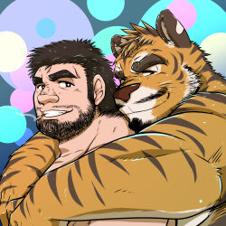 Rule 34 | 2boys, bara, beard stubble, chinstrap beard, couple, facial hair, from side, furry, furry male, furry with non-furry, ganson, grin, highres, hug, hug from behind, huge eyebrows, interspecies, long sideburns, looking at viewer, male focus, mature male, multiple boys, muscular, muscular male, mustache stubble, nude, original, short hair, sideburns, smile, smoking, stubble, thick eyebrows, tiger boy, turning head, two-tone beard, upper body, yaoi