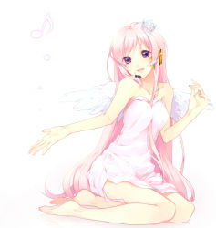 Rule 34 | 1girl, angel wings, aobara, barefoot, blue eyes, crown, dress, female focus, full body, gradient background, headphones, headset, highres, long hair, megurine luka, pink hair, simple background, sitting, smile, solo, vocaloid, white background, white dress, wings