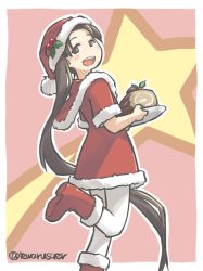 Rule 34 | 10s, 1girl, :d, alternate costume, ayanami (kancolle), blush, boots, brown eyes, brown hair, capelet, christmas, commentary request, dress, food, hat, holding, holding plate, kantai collection, leg up, long hair, looking at viewer, looking back, open mouth, outline, pantyhose, plate, ponytail, red dress, red footwear, santa costume, santa hat, side ponytail, smile, solo, star (symbol), tewarusa, twitter username, very long hair, white outline, white pantyhose