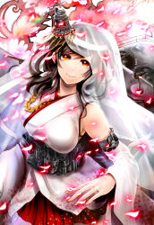 Rule 34 | 10s, 1girl, anti-aircraft, anti-aircraft gun, bare shoulders, black hair, breasts, bridal veil, cannon, cherry blossoms, detached sleeves, floral print, hair ornament, headband, highres, japanese clothes, jewelry, kantai collection, large breasts, nontraditional miko, obi, petals, red eyes, ring, sash, short hair, skirt, smile, solo, turret, veil, wedding band, wedding ring, yamashiro (kancolle), yamashiro kai ni (kancolle), yuri chikao