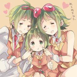 Rule 34 | 1boy, 2girls, age difference, bad id, bad pixiv id, genderswap, genderswap (ftm), goggles, goggles on head, green eyes, green hair, gumi, gumiya, multiple girls, ousaka nozomi, pout, short hair, smile, time paradox, vocaloid