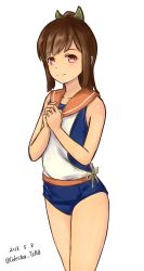 Rule 34 | 10s, 1girl, 2016, blouse, blue one-piece swimsuit, brown eyes, brown hair, celestea tera, cowboy shot, dated, highres, i-401 (kancolle), kantai collection, one-piece swimsuit, one-piece tan, orange sailor collar, ponytail, sailor collar, school swimsuit, shirt, short ponytail, sleeveless, sleeveless shirt, smile, solo, standing, swimsuit, swimsuit under clothes, tan, tanline, twitter username, white shirt