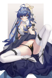 Rule 34 | 1girl, ahoge, arknights, astesia (arknights), astesia (frlibe on the palace) (arknights), bare shoulders, black dress, black panties, blue eyes, blue hair, blush, bow, bow panties, bracelet, brown background, closed mouth, clothes lift, detached sleeves, dress, dress lift, full body, gloves, gradient background, hair intakes, hair ornament, high heels, highres, jewelry, knee up, long hair, looking at viewer, multicolored clothes, multicolored dress, official alternate costume, panties, qianshibu, scratching cheek, short sleeves, sitting, solo, spread legs, thigh strap, thighhighs, underwear, very long hair, white dress, white footwear, white gloves, white thighhighs, yellow bow
