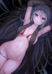 Rule 34 | 1girl, armpits, arms up, bare shoulders, bottomless, breasts, groin, hair between eyes, hair censor, highres, large breasts, long hair, looking at viewer, lying, navel, on back, original, parted lips, red eyes, reinama, ripples, silver hair, solo, stomach, tassel, very long hair, water