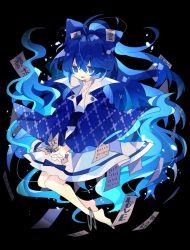 Rule 34 | 1girl, barefoot, blue bow, blue capelet, blue eyes, blue hair, bow, capelet, commentary, cosplay, hair bow, highres, jewelry, long hair, looking at viewer, necklace, nikorashi-ka, open mouth, ring, shirt, skirt, solo, talisman, touhou, very long hair, white shirt, white skirt, yorigami jo&#039;on, yorigami jo&#039;on (cosplay), yorigami shion